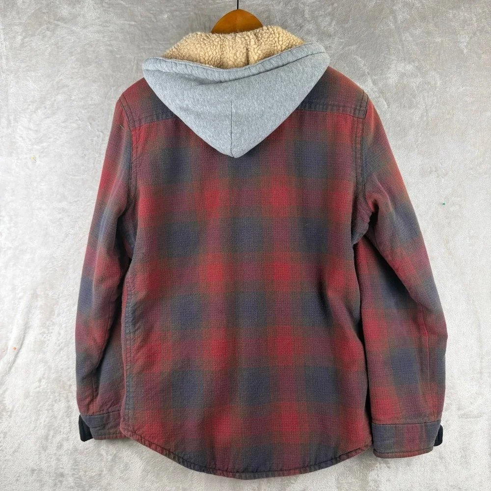 American Eagle Mens Red Plaid Sherpa Lined Hooded Flannel Shirt Jacket Small S/P